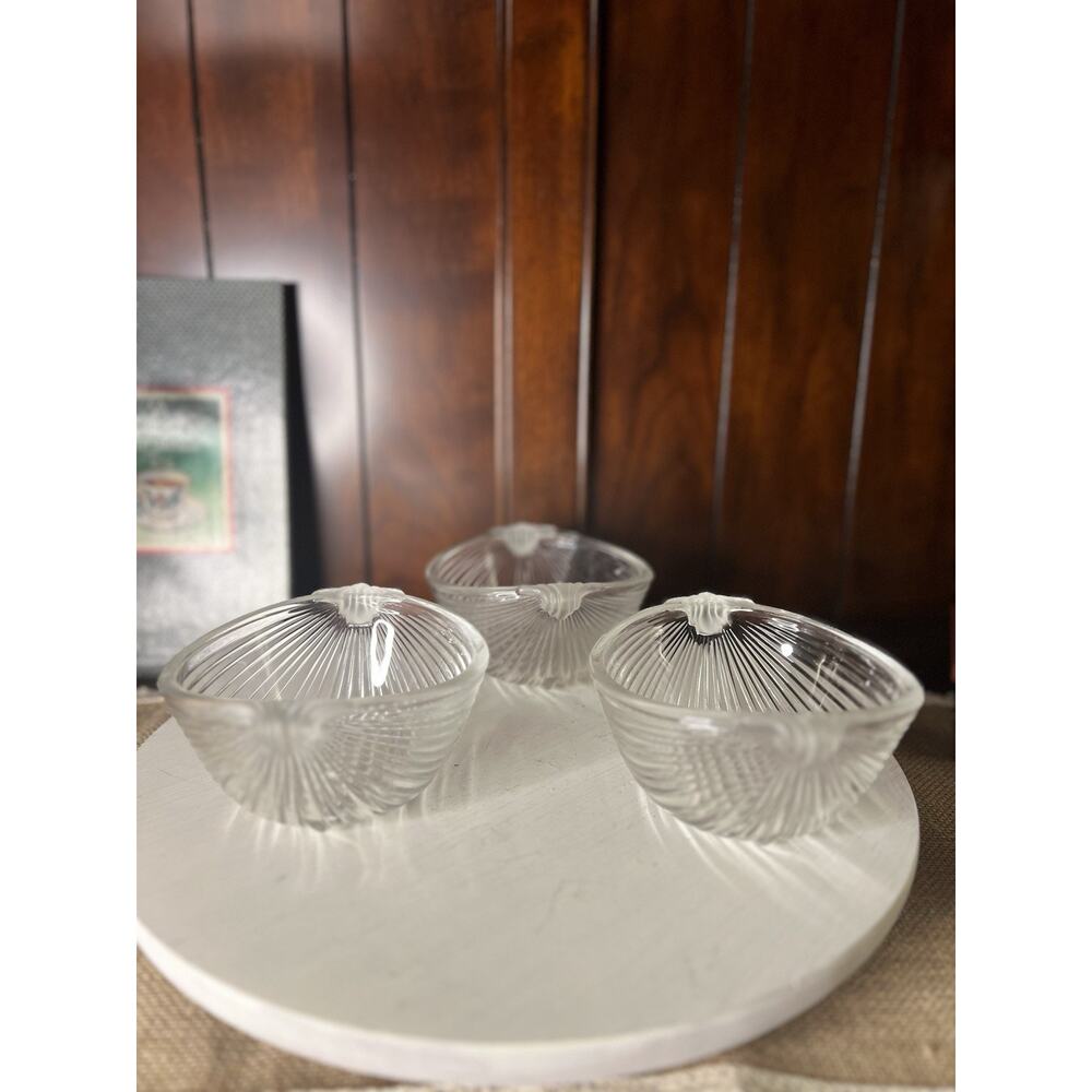 RARE Mikasa Neo Classic Ribbed Glass Bowls with Frosted Scroll Handles Set of 3